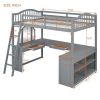 Full Wooden Loft Bed with U-shaped Desk,Storage Compartments and Tri-fold Mirror, Gray