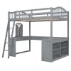 Full Wooden Loft Bed with U-shaped Desk,Storage Compartments and Tri-fold Mirror, Gray