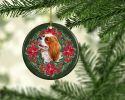 Cavalier Spaniel Poinsetta Wreath Ceramic Ornament Christmas Tree Hanging Decorations for Home Christmas Holiday, Party, Gift, 3 in, Multicolor