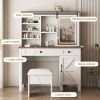 Farmhouse Makeup Vanity Desk with Sliding Mirror and Lights and Hairdryer holder and charging socket Multilayer storage Shelves