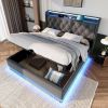 King size Upholstered bed, 360 surround LED function, Buttons/Apps/Remote Control, hydraulic storage bed with USB Type-C charging, Gray