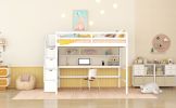 Full Size Loft Bed with Built-in Desk, Bookshelves and Storage Staircase,White