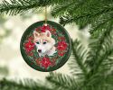 Siberian Husky Poinsetta Wreath Ceramic Ornament Christmas Tree Hanging Decorations for Home Christmas Holiday, Party, Gift, 3 in, Multicolor