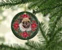 Fawn Pug Poinsetta Wreath Ceramic Ornament Christmas Tree Hanging Decorations for Home Christmas Holiday, Party, Gift, 3 in, Multicolor