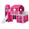 Full Size Loft Bed with Slide Pink Tent and Tower - Pink (OLD SKU:WF298771AAH)