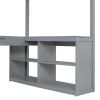 Full Wooden Loft Bed with U-shaped Desk,Storage Compartments and Tri-fold Mirror, Gray