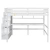 Full Size Loft Bed with Built-in Desk, Bookshelves and Storage Staircase,White