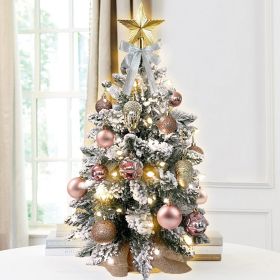 22in Mini Christmas Tree with Light Artificial Small Tabletop Woodland Christmas Decoration with Flocked Snow;  Exquisite Decor & Xmas Ornaments for T (Style: Rose Gold)