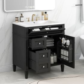 30'' Bathroom Vanity with Top Sink, Modern Bathroom Storage Cabinet with 2 Drawers and a Tipout Drawer, Single Sink Bathroom Vanity (Color: Black, Material: Solid Wood+MDF)