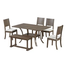 6-Piece Wood Dining Table Set with Storage Shelf and Curved Legs, Kitchen Table Set with Bench and 4 Removable Cushions Dining Chairs (Color: Grey+Brown, Material: Rubber Wood)