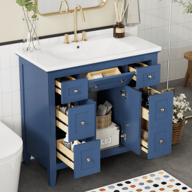 36'' Bathroon Vanity with Resin Sink Combo Set, Modern Freestanding Single Bathroom Cabinet with 6 Drawers & 2 Cabinets, Storage Cabinet for Bathroom (Color: Blue, Material: Solid Wood+MDF+Resin)