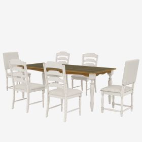 Vintage Traditional 7-Piece 82.7inch Extendable Dining Table Set with 23.6inch Removable Leaf (Color: Cream+Brown, Material: Rubber Wood)