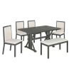 Farmhouse Classical 6-Piece Dining Table Set with Trestle Legs,Kitchen Table Set for 6 with 4 Upholstered Dining Chairs and Bench