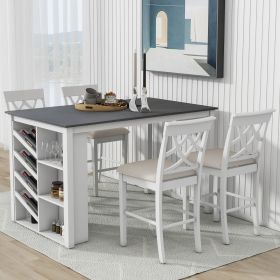 Updated Counter Height 5-piece Solid Wood Dining Table Set, 59*35.4Inch Table with Curved Wine Rack and 4 Upholstered Chairs (Color: White, Material: Rubber Wood)