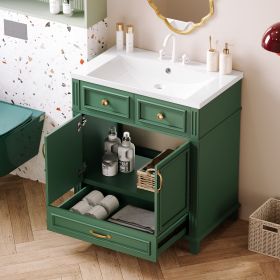 30'' Bathroom Vanity with Resin Sink,Solid Wood Frame Bathroom Storage Cabinet with Soft Closing Doors,Retro Style, Blue (Color: Green, Material: Solid Wood+MDF+Resin)