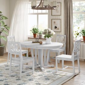 Rustic 5-Piece Extendable Dining Table Set Round Trestle Table and 4 Cross Back Dining Chairs for Kitchen, Dining Room (Color: Gray, Material: Solid Wood)