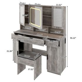 Large Vanity Table Set with LED Lighted Mirror and 2 DIY Pegboards, 5 Hooks, Vanity Desk with Charging Station, Makeup Table with Drawers (Color: as picture)