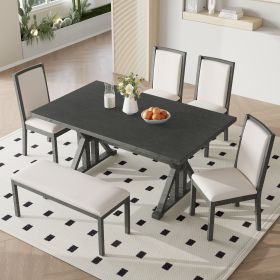 Farmhouse Classical 6-Piece Dining Table Set with Trestle Legs,Kitchen Table Set for 6 with 4 Upholstered Dining Chairs and Bench (Color: Beige+Grey, Material: Rubber Wood)