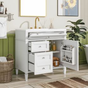 36'' Bathroom Vanity with Top Sink, Modern Bathroom Storage Cabinet with 2 Drawers and a Tipout Drawer, Single Sink Bathroom Vanity (Color: White, Material: Solid Wood+MDF)