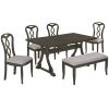 Retro 6-Piece Trestle Dining Table Set with Upholstered Dining Chairs and Dining Bench, Smooth Dining Backs for Dining Room, Living Room, Kitchen