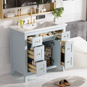 36'' Bathroon Vanity with Resin Sink Combo Set, Modern Freestanding Single Bathroom Cabinet with 6 Drawers & 2 Cabinets, Storage Cabinet for Bathroom (Color: Light Blue, Material: Solid Wood+MDF+Resin)