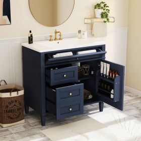 36'' Bathroom Vanity with Top Sink, Modern Bathroom Storage Cabinet with 2 Drawers and a Tipout Drawer, Single Sink Bathroom Vanity (Color: Blue, Material: Solid Wood+MDF)