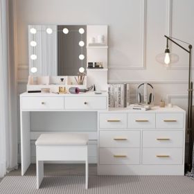 Large Makeup Vanity with Lights, Vanity Table with Charging Station, Vanity Desk with Mirror and 10 LED Light Bulbs (Color: as picture)