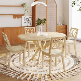 Mid-Century 5-Piece Extendable Round Dining Table Set with 15.7" Removable Leaf and 4 Cross Back Dining Chairs (Color: Natural, Material: Rubber Wood)