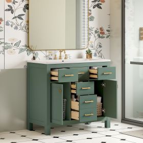 36'' Bathroon Vanity with Resin Sink Combo Set,Modern Freestanding Single Bathroom Cabinet with 4 Drawers & 2 Cabinets,Storage Cabinet for Bathroom (Color: Green, Material: Solid Wood+MDF+Resin)