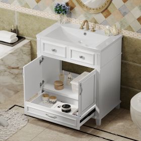 30'' Bathroom Vanity with Resin Sink,Solid Wood Frame Bathroom Storage Cabinet with Soft Closing Doors,Retro Style, Blue (Color: White, Material: Solid Wood+MDF+Resin)