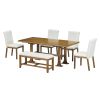 Farmhouse 76inch 6-Piece Extendable Dining Table Set Trestle Kitchen Table Set with 18inch Removable Leaf and Upholstered Dining Chair and Bench for D