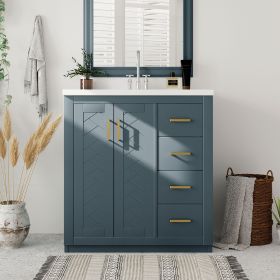 30'' Bathroom Vanity with Resin Sink Combo,Solid Wood Frame Bathroom Storage Cabinet, Freestanding Vanity Set with 3 Drawers& Soft Closing Doors (Color: Navy Blue, Material: Solid Wood+MDF+Resin)