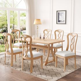 Retro 7-Piece Trestle Dining Table Set with Upholstered Dining Chairs, Smooth Dining Backs for Dining Room, Living Room, Kitchen (Color: Natural+Beige, Material: Rubber Wood)