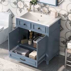 30'' Bathroom Vanity with Resin Sink,Solid Wood Frame Bathroom Storage Cabinet with Soft Closing Doors,Retro Style, Blue (Color: Blue, Material: Solid Wood+MDF+Resin)