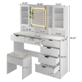 Large Vanity Table Set with LED Lighted Mirror, Vanity Desk with Charging Station, Makeup Table with Glass Doors, Drawers and Storage Shelves (Color: as picture)