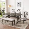 Retro 6-Piece Trestle Dining Table Set with Upholstered Dining Chairs and Dining Bench, Smooth Dining Backs for Dining Room, Living Room, Kitchen